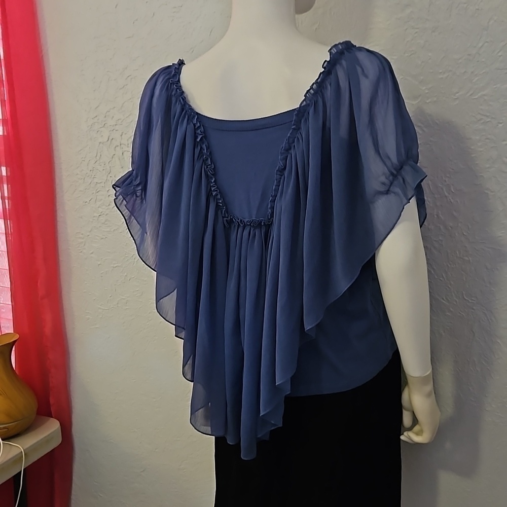 VTG NINE WEST Fairycore Blue Crochet Lace Chiffon Shawl Poncho Festival Top - Picture 8 of 9